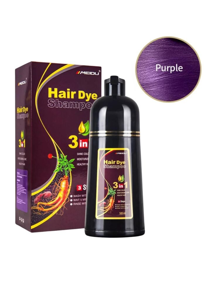 Meidu 3-in-1 Hair Dye Shampoo in Purple packaging, showcasing a vibrant design that highlights its multifunctional benefits for coloring, cleansing, and conditioning hair. The product promises a rich, lasting purple hue while nourishing and revitalizing hair strands.