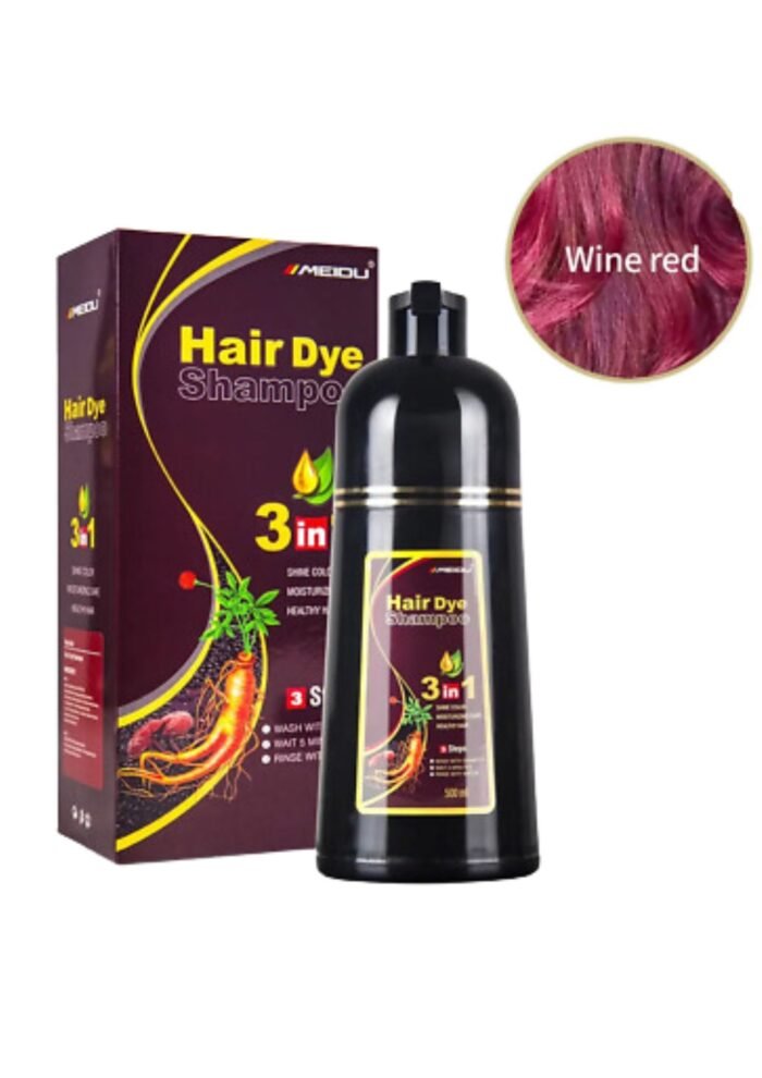 Meidu 3-in-1 Hair Dye Shampoo in Wine Red packaging, featuring vibrant colors and a sleek design, ideal for easy at-home hair coloring. The product promises a rich, long-lasting color while nourishing and cleansing the hair.